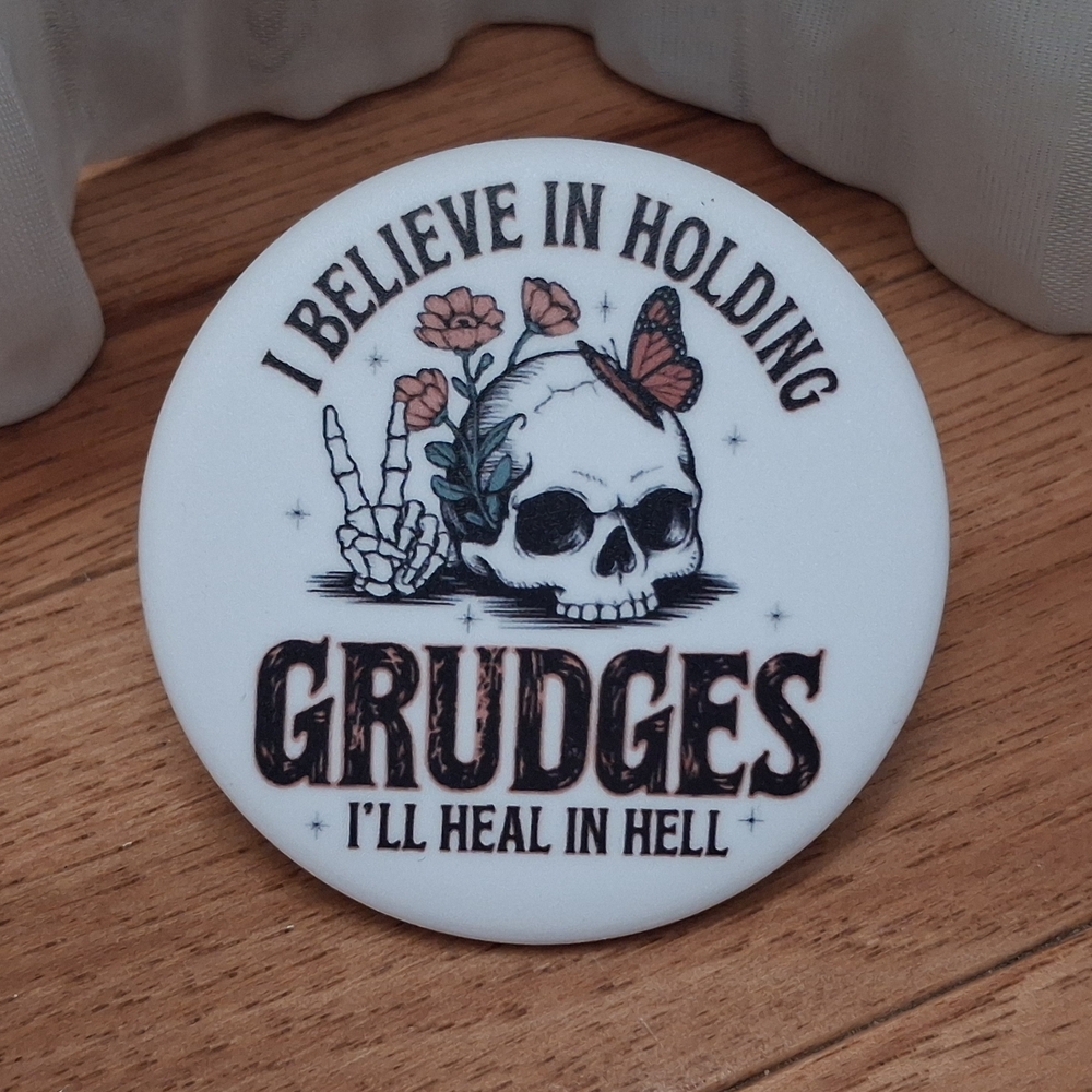 White Skull and Flowers Button Or Magnet Novelty gag gift idea